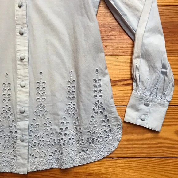 Madeleine Light Blue Cotton Eyelet Button Down Top, EUC, 6 - Picture 5 of 13